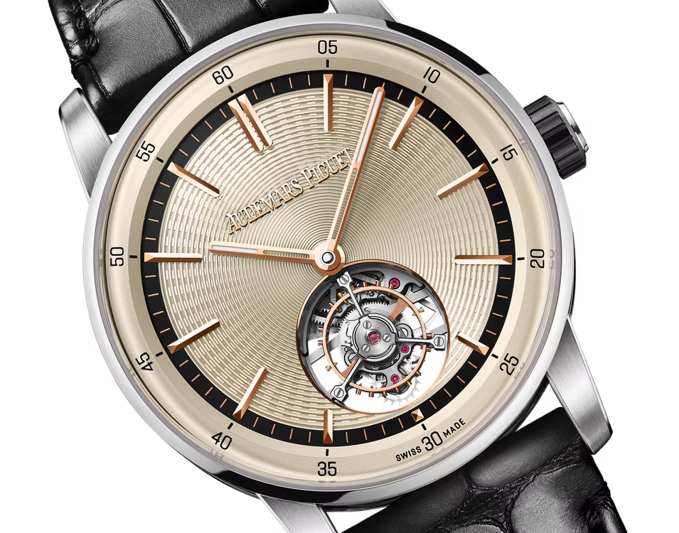 Champagne Open-Balance Dress Watch – Silver Case & Black Leather Strap