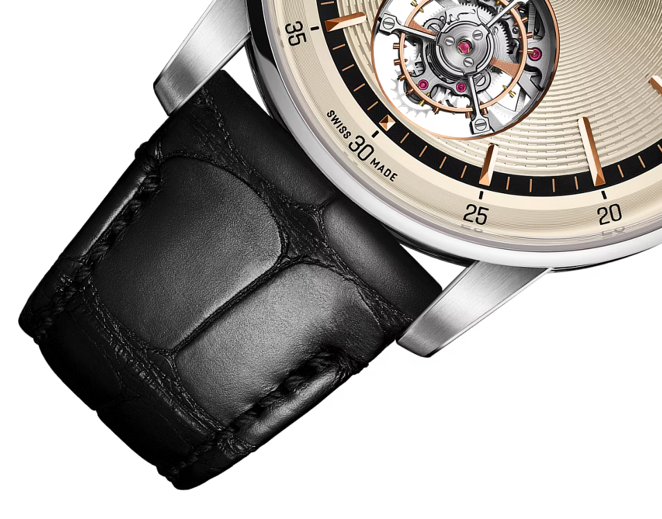 Champagne Open-Balance Dress Watch – Silver Case & Black Leather Strap