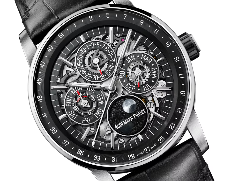 Openworked Multi-Display Watch – Black Dial & Leather Strap