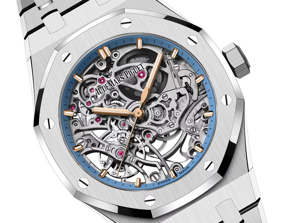 Silver-Tone Open-Work Skeleton Watch – Blue Accent Integrated Bracelet