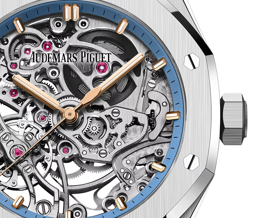 Silver-Tone Open-Work Skeleton Watch – Blue Accent Integrated Bracelet