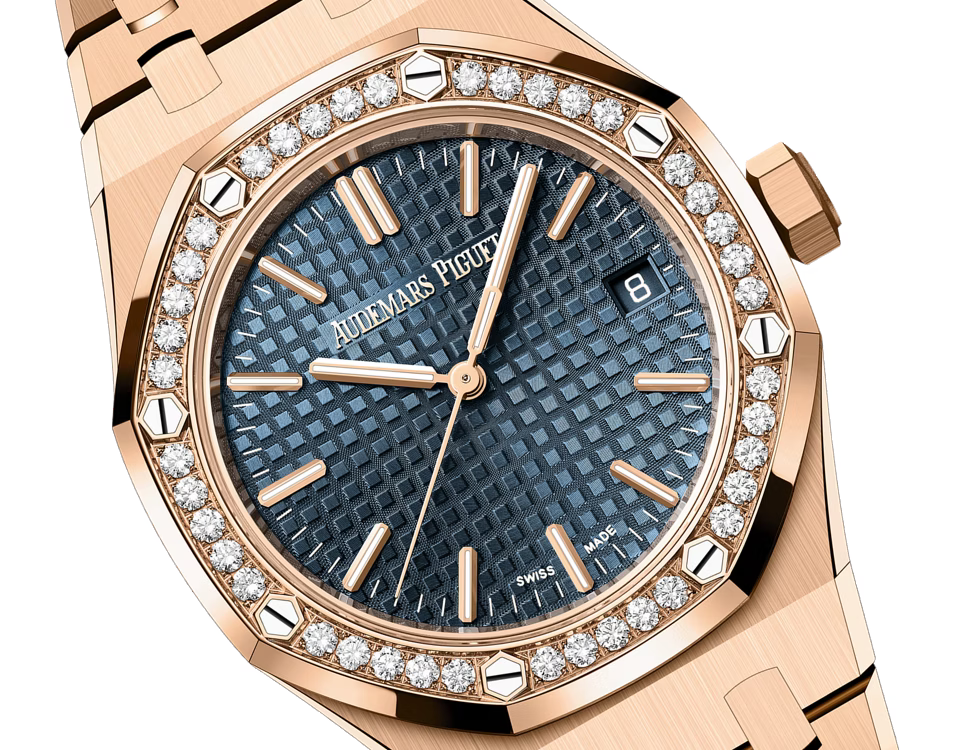 Rose Gold-Tone Blue Crystal-Bezel Watch – Integrated Bracelet